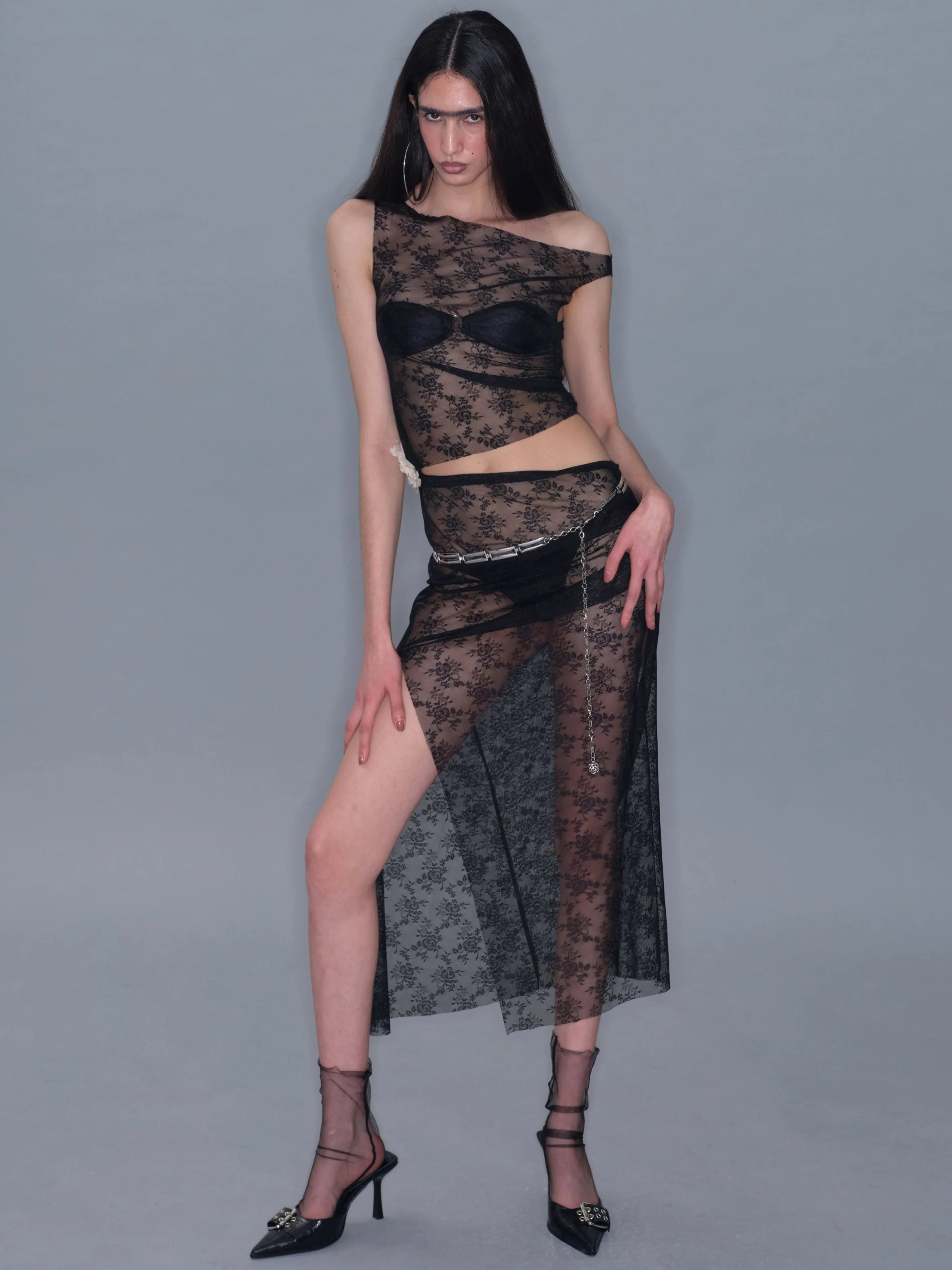 748-mesh-side-slit-lace-dress-black-1.webp Mesh Side Slit Lace Dress/ Black